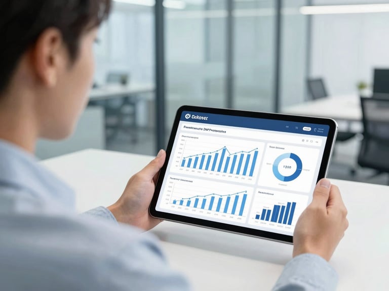 Over-the-shoulder shot of a business analyst looking at a clean, well-structured financial dashboard on a tablet, modern bright office with glass walls, natural light, cool blue tones.
