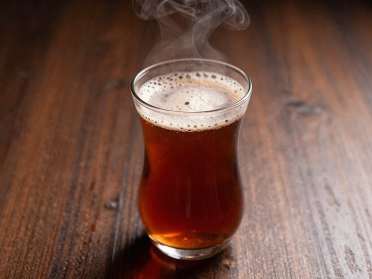 Freshly poured karak tea with rich foam in a traditional glass, steam rising, warm low-key lighting, 35mm