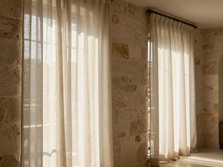 Elegant sun-drenched Italian villa interior, stone walls, soft linen curtains catching a light breeze, warm morning light, 35mm.