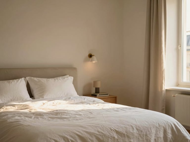Warm editorial interior photography of a refined Parisian apartment bedroom, crisp white linen, soft golden-hour light, minimalist decor, 35mm.