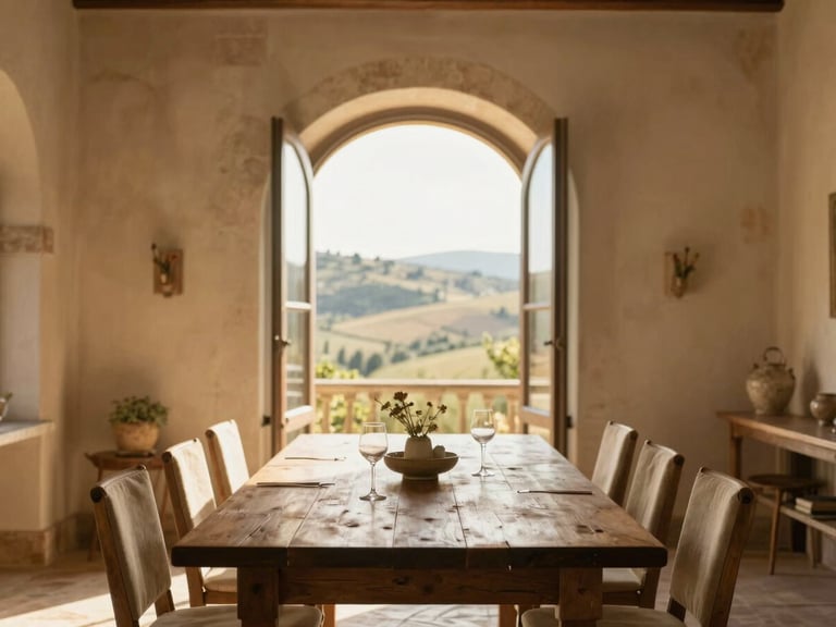 Warm editorial interior photography of a Tuscan villa dining room, rustic wooden table, open stone arched window overlooking rolling hills, warm afternoon sun, 35mm.