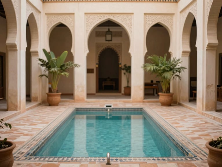 Warm editorial interior photography of an authentic Marrakech riad courtyard, central plunge pool, delicate terracotta tiles, lush green plants, soft natural light, 35mm.