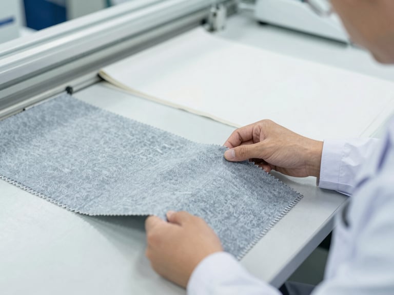 Close-up of a quality control inspector examining textile samples in a clean, brightly lit factory setting, cool undertones, editorial style.