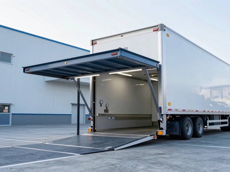 Modern refrigerated truck loading bay at a food logistics hub, with visible temperature gauges and clean industrial lighting, cool blue tones, sharp focus, editorial style.
