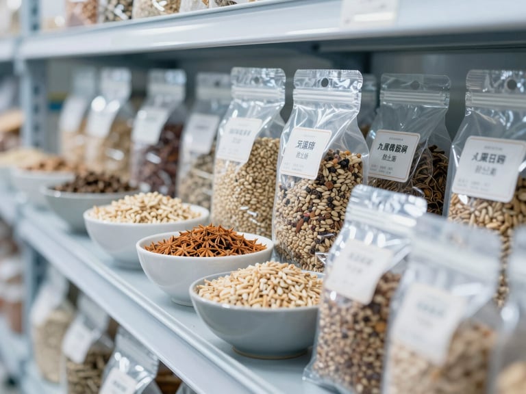 Close-up of diverse high-quality food products, e.g., grains, spices, and packaged goods, in a clean, structured warehouse environment, bright neutral daylight, cool blue tones, sharp focus, editorial style.