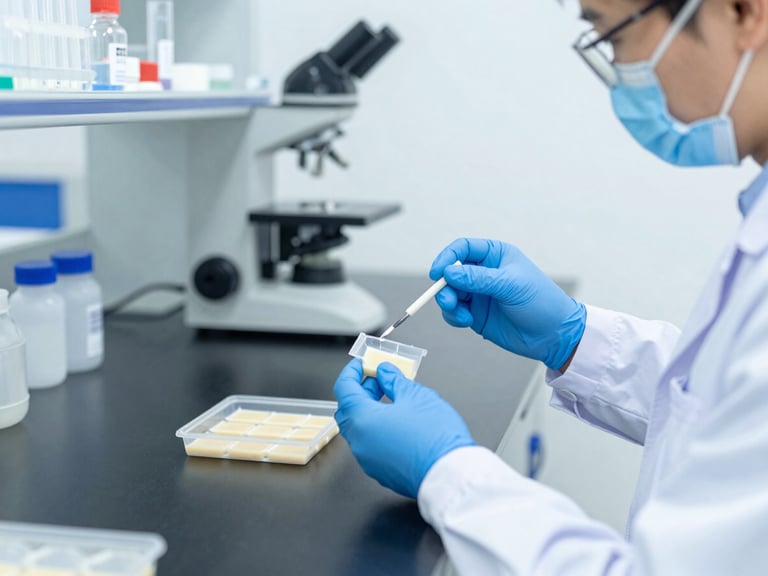 Hands in lab coats performing quality control checks on food samples in a sterile, modern food laboratory, bright neutral daylight, cool blue tones, sharp focus, editorial style.