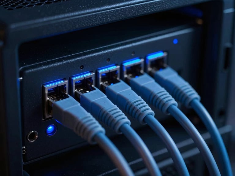 Close-up of neatly routed network cables plugged into a sleek server unit, subtle blue status lights, moody low-key lighting