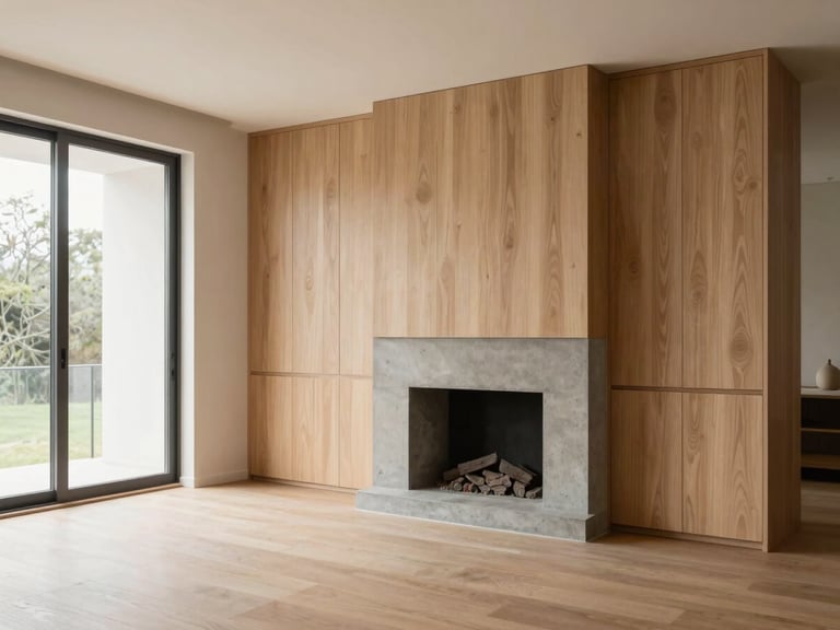 Finished minimalist living room with custom oak millwork, concrete fireplace, large windows with natural side-lighting, warm neutral tones