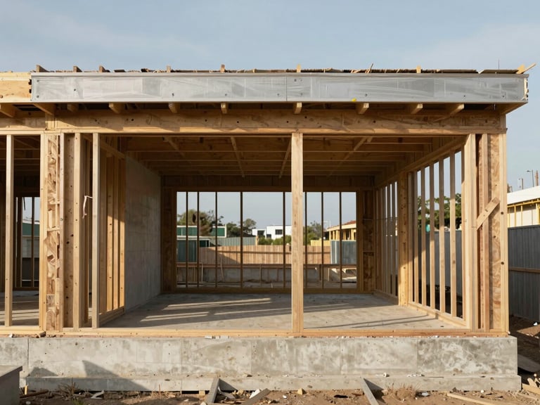 Straight-on architectural elevation of a modern house under construction, exposed steel beams, concrete foundation, natural daylight