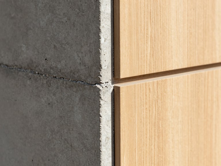 Close-up of architectural material joints, raw concrete meeting smooth oak paneling, crisp directional daylight, sharp focus