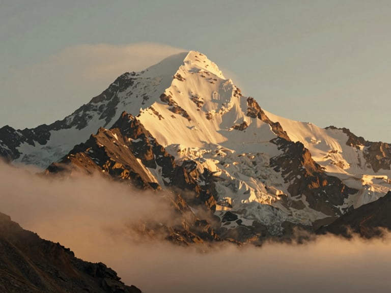 Dramatic close-up of Mount Kazbek peak with glaciers glowing in golden hour sun, soft clouds drifting below the summit, majestic scale, warm cinematic photography.