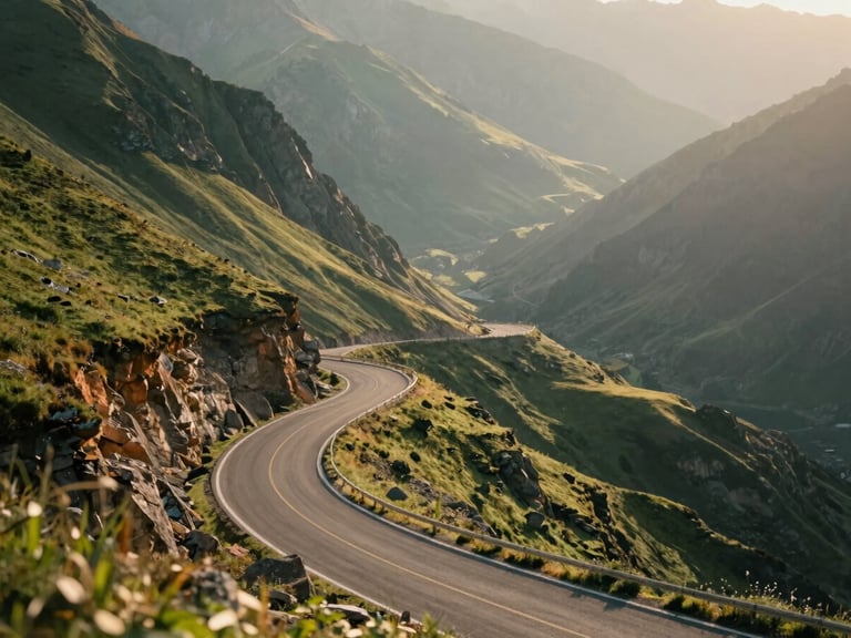 Misty mountain pass in the Caucasus, winding empty asphalt road hugging steep green cliffs, soft morning light, cinematic alpine landscape, shallow depth of field.