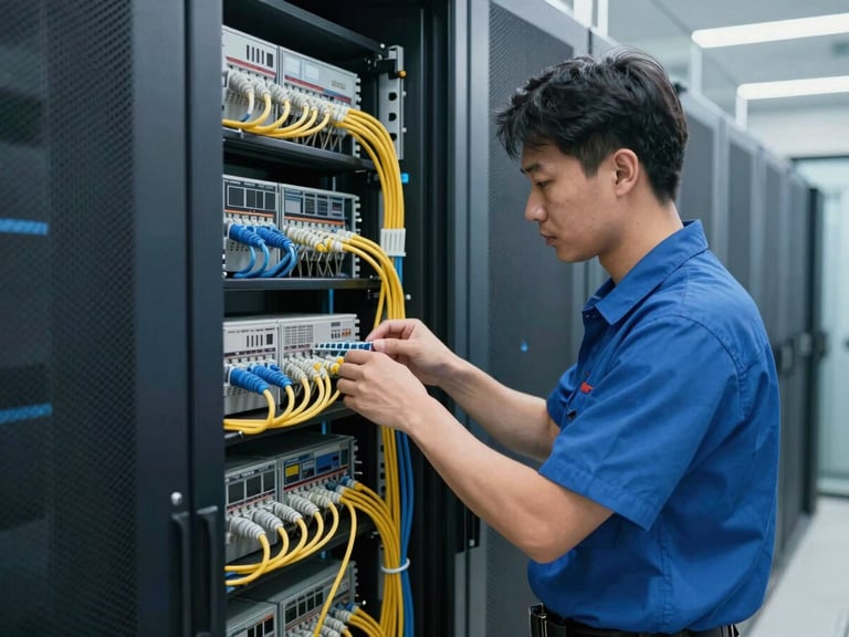 Technician meticulously installing structured cabling in a data center, cool-toned indoor lighting, medium-wide shot showing neat cable runs.