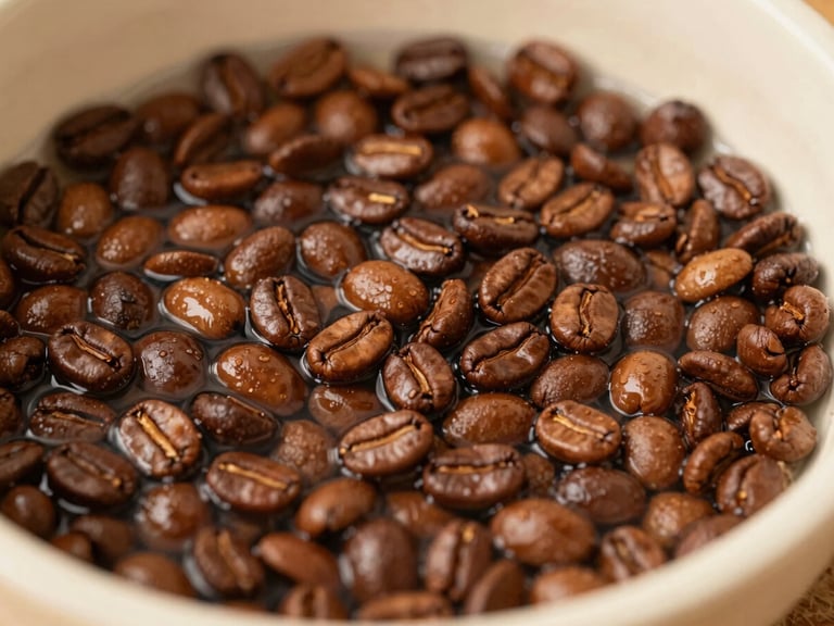 Close-up of wet parchment coffee beans washing in clean, sparkling mountain spring water, textured water ripples, warm earthy tones.
