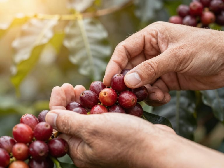 Macro shot of experienced hands select-picking deep red, ripe coffee cherries from a shade-grown coffee plant, warm morning light filtering through leaves.