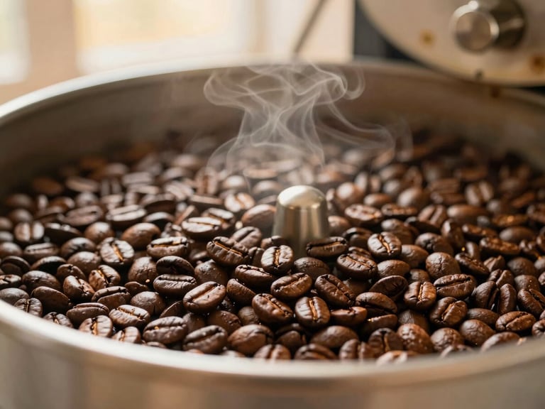Freshly roasted coffee beans cooling in a roasting machine tray, rich brown textures, subtle steam rising, warm ambient lighting.