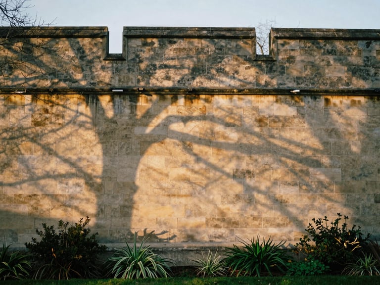 Golden hour afternoon sun casting long shadows across historic stone brickwork and local UK flora, unpeopled, warm editorial photography.