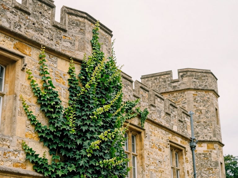 Close-up architectural detail of weathered stone walls and vibrant green ivy at Marston Court, soft overcast British daylight, warm editorial style