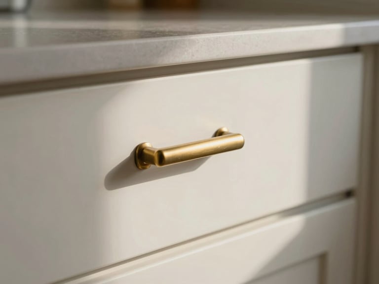 Intimate close-up of a kitchen drawer handle in brushed brass against a matte white cabinet face, soft morning sidelight from a nearby window casting a gentle shadow along the cabinet edge, shallow depth of field, wood grain countertop visible in the lower foreground, quiet and still