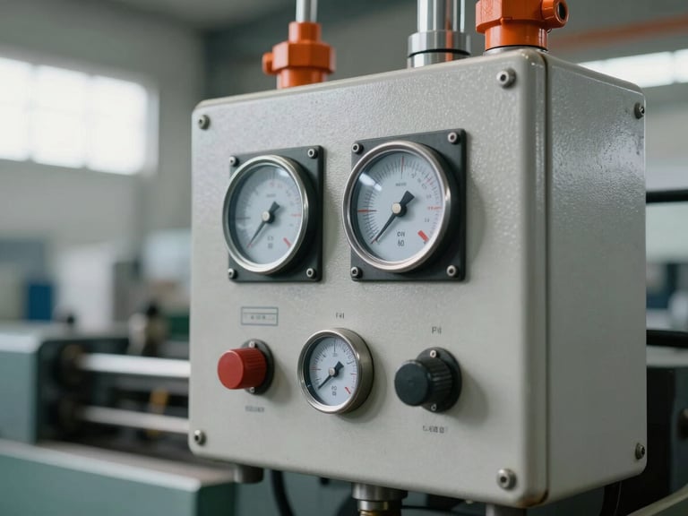 Close-up of a fully automatic paper plate machine control panel showing cycle counter display and pressure gauge, metal housing with orange hydraulic fittings visible, overcast factory ambient light, tight framing on the instrument cluster