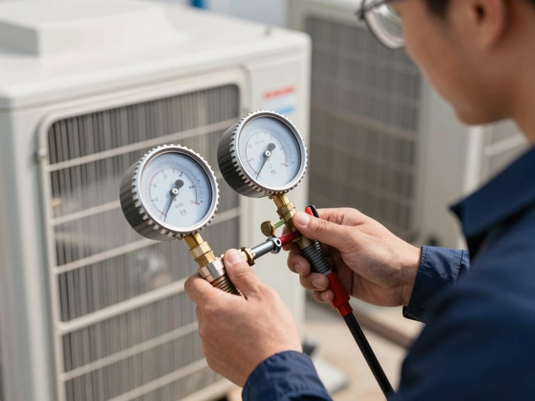 Close-up of a professional technician in a clean uniform using manifold gauges to test pressure on a commercial condenser unit, bright natural daylight.