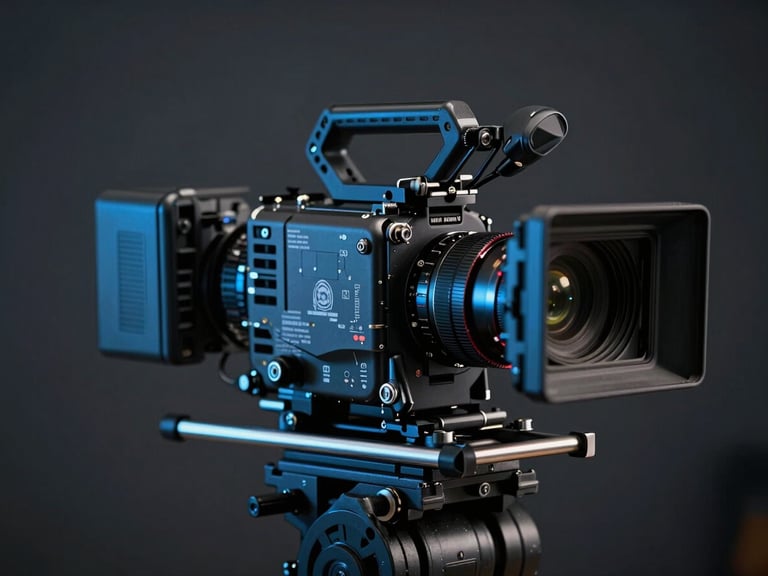 Anamorphic close-up of a professional cinema camera rig on a dark, moody studio set, cold blue key light catching the brushed metal edges, shallow depth of field.