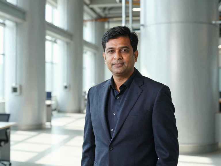 Professional portrait of Lalit Kumar Agrawal in a modern industrial office setting, bright clean lighting, high contrast.