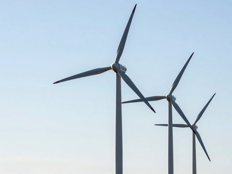 Wide shot of modern wind turbines against a clear sky, showing their scale and integration into the landscape. Industrial editorial photography, bright natural daylight, clean technical details, high contrast, deep slate and steel tones, 35mm.