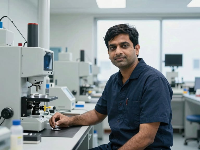 Professional portrait of Dr. Vijay Goyal in a clean-room assembly environment, bright industrial lighting, high contrast.