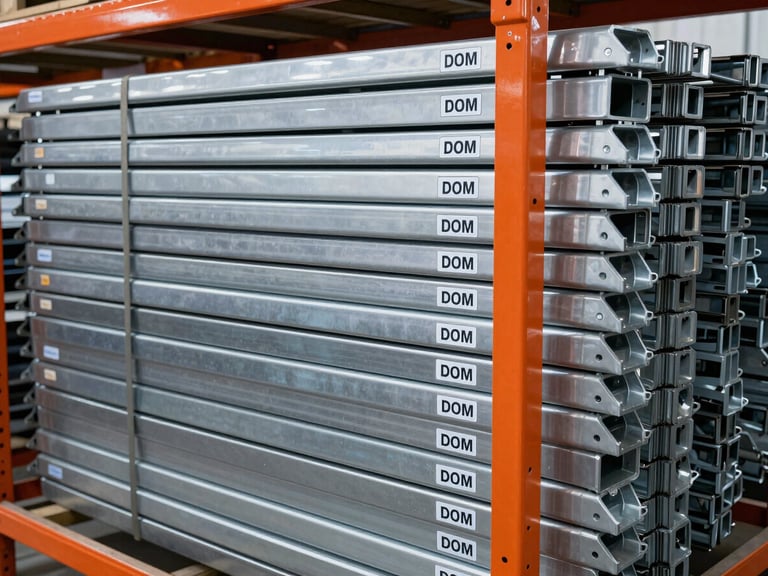 Stack of new-looking OEM car doors in a warehouse rack, focused on the OEM part number sticker, high-contrast lighting, organized environment.