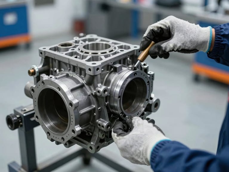 Clean used OEM transmission on a metal stand, technician's gloved hands performing an inspection, sharp details, cool metallic tones, high-contrast lighting.