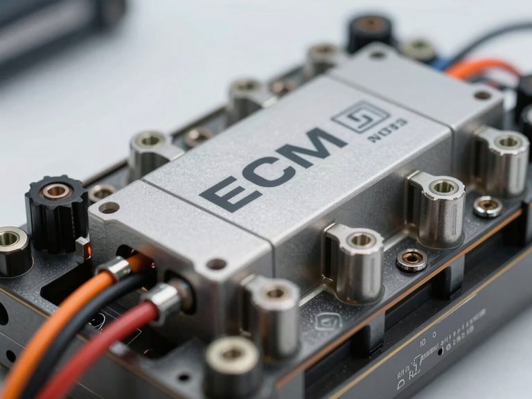 Close-up of an ECM/ECU module with wiring harnesses, showing intricate details and OEM markings, studio lighting, technical focus.