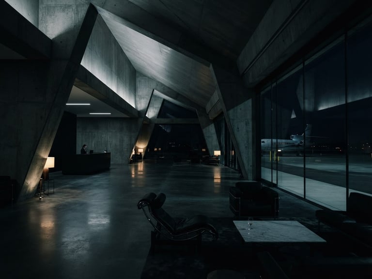 Moody architectural photography of a low-lit private terminal, sharp concrete angles, deep shadows, cool dark tones, 35mm lens.