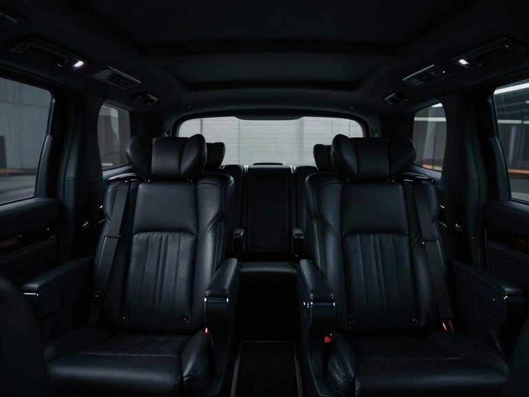 Interior of a luxury private vehicle with dark leather seats and ambient lighting, seen from the back, showing a glimpse of a low-light terminal through the window, moody low-key lighting, deep shadows, cool dark tones, high-contrast, 35mm lens
