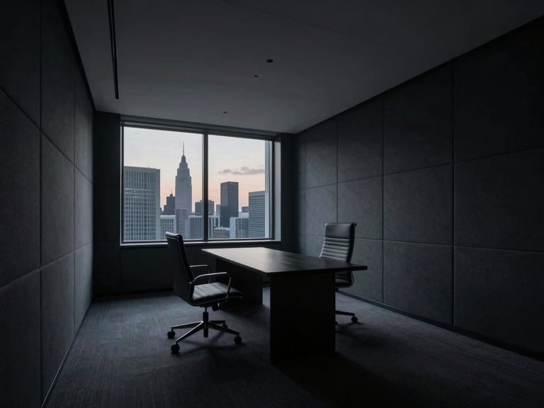 Empty, high-tech suite interior with minimalist sound-absorbing wall panels, a sleek executive chair, and a large window looking out onto a metropolitan skyline at twilight, soft ambient lighting, moody low-key lighting, deep shadows, cool dark tones, high-contrast, 35mm lens