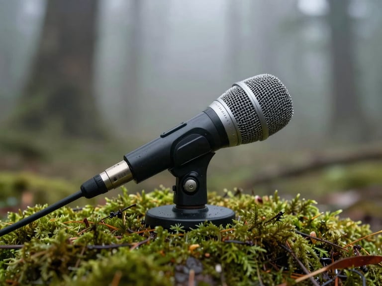 Macro close-up of a precision field microphone resting on deep green wet moss in a misty forest, soft overcast light