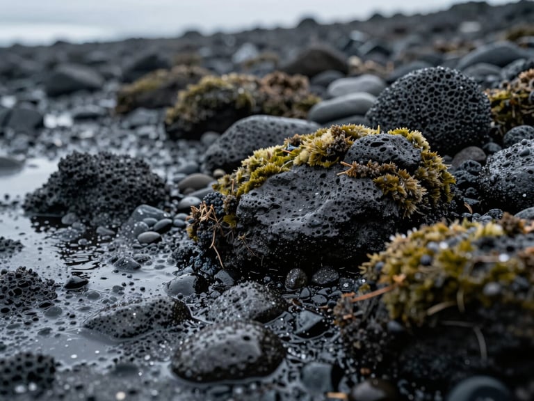 Close-up of wet volcanic pebbles on a remote shore, water receding to leave a glistening texture, overcast moody lighting, dark mossy tones