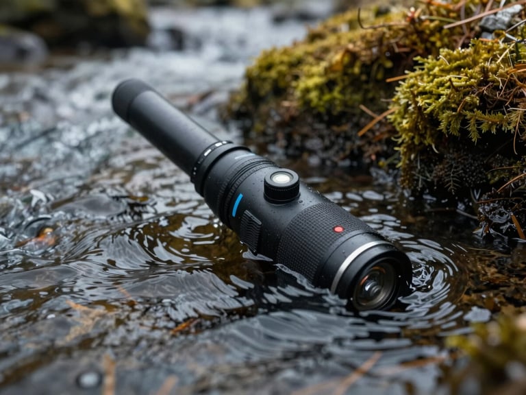 Macro close-up of a high-fidelity hydrophone submerged in a dark, moss-lined glacial stream, water ripples catching low, overcast light.