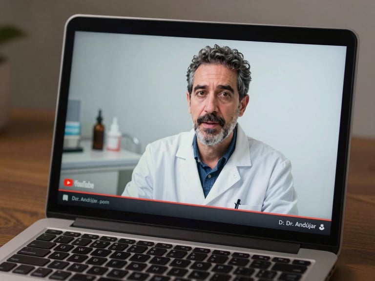 Close-up frame of a laptop screen showing a YouTube video paused on Dr. Andújar speaking to camera in a clean clinic setting, studio lighting, professional but approachable, camera angle slightly from the side