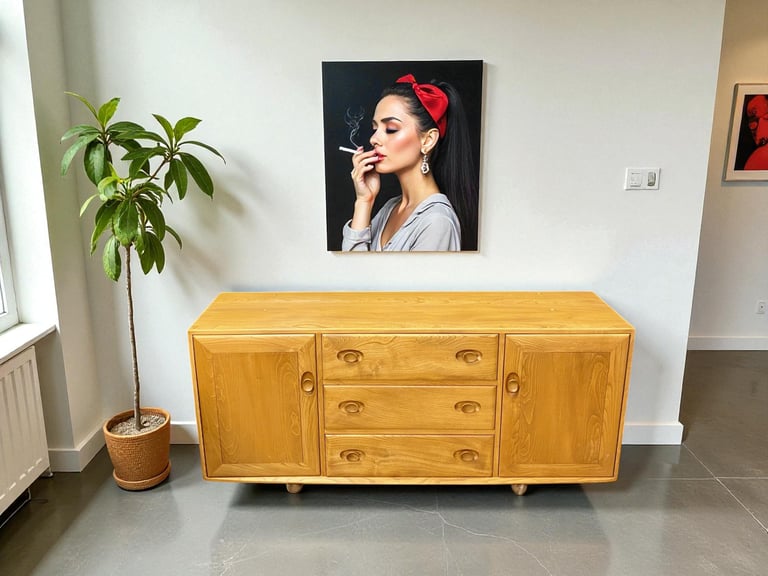 Ercol Model 455 sideboard, restored Mid-Century Modern teak cabinet with classic British design.