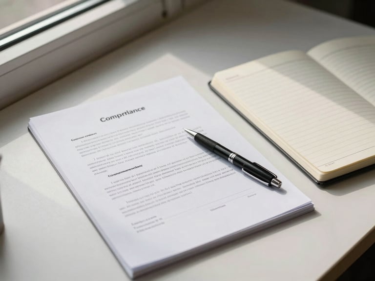 Close overhead desk-level composition: open compliance documents and a pen resting on a signed contract page, a ruled ledger notebook beside them, neutral window light from the upper left casting soft shadows on the paper surfaces, no people in frame, clean and organized workspace atmosphere