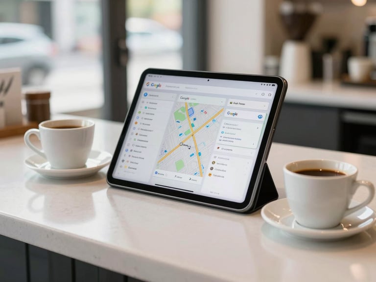 A bright, clean local cafe counter with a tablet showing a Google Map listing, a coffee cup to the side, daylight pouring in, close-up composition.