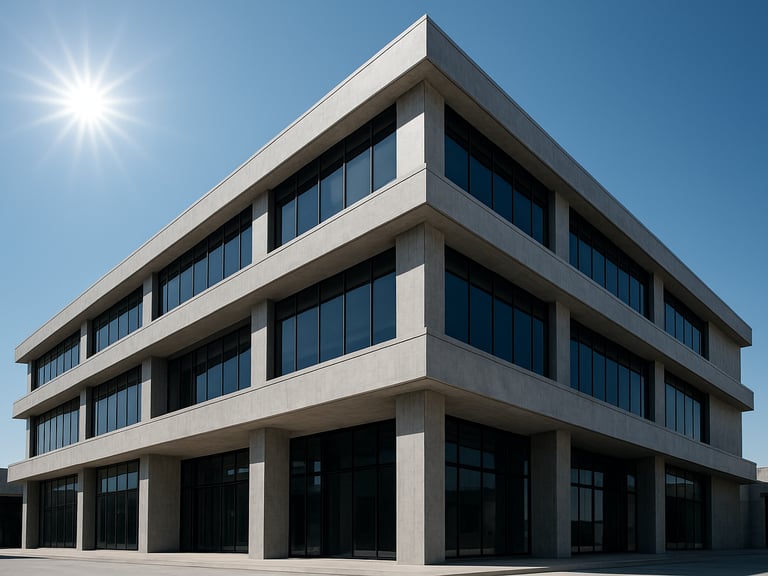 Low-angle wide shot of a finished three-story commercial hub in Civil Lines, Bareilly, high-contrast concrete and glass facade, bright midday sun