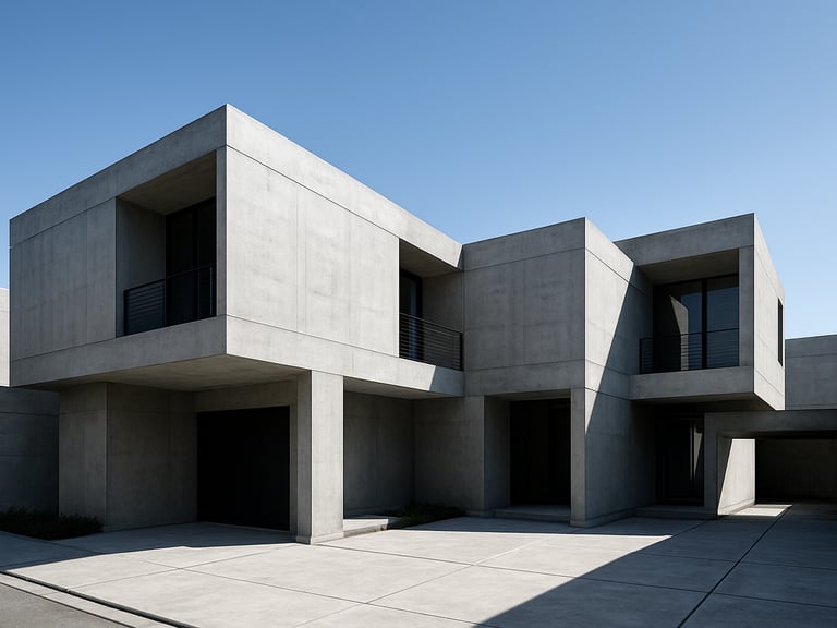 A completed contemporary residential estate in Nekpur, Bareilly, showcasing clean structural lines, concrete finishes, and sharp shadows