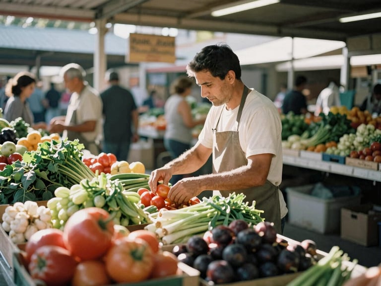 A shopkeeper proudly arranging fresh produce in a brightly lit local market, warm natural morning light, candid 35mm portrait.