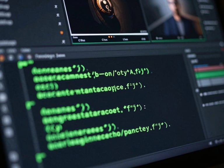 Macro shot of clean code snippets glowing green on a dark IDE screen, with a motion-blurred video editing timeline visible in the background under low-key studio lighting.