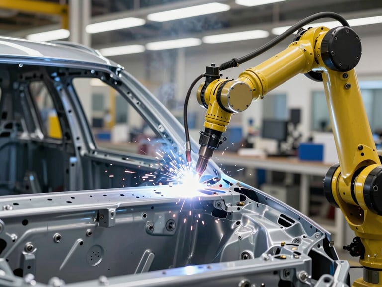 Close-up of a robotic arm welding a car chassis on an assembly line, high-contrast industrial lighting, sharp focus on the precision of the weld.