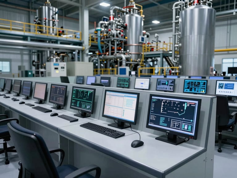 Wide shot of a modern industrial power plant control room, multiple monitors displaying schematics, cool-toned lighting, sharp focus on the complex interface.
