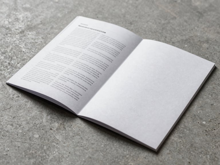 Close-up of a folded uncoated paper brochure lying open on a concrete surface, studio light from above casting a soft shadow along the fold, high-contrast black type visible on the left spread, generous white margin on the right