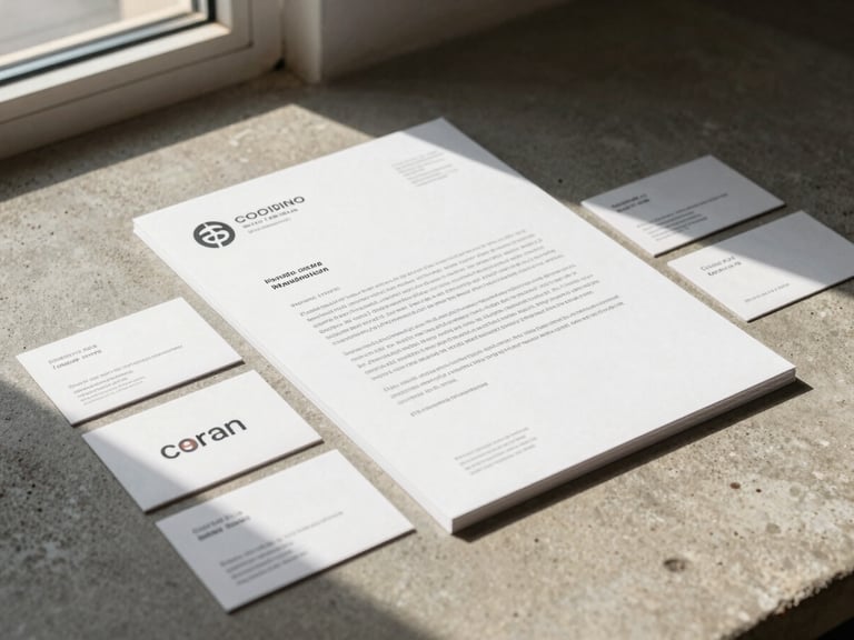 Close-up of a printed brand identity system laid flat on a warm concrete surface, letterhead and business cards arranged in an editorial grid, natural window light from the left casting soft shadows